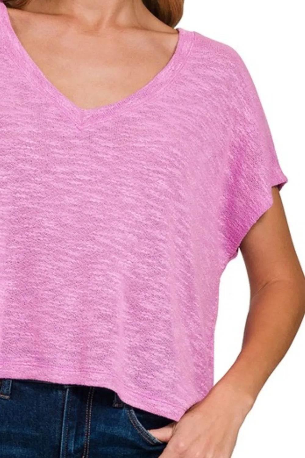 Zenana Hacci Slub V-neck Drop Shoulder Crop Top Trendsi b5df275f-0724-4b53-954c-074a0f05d56c-Max-Origin