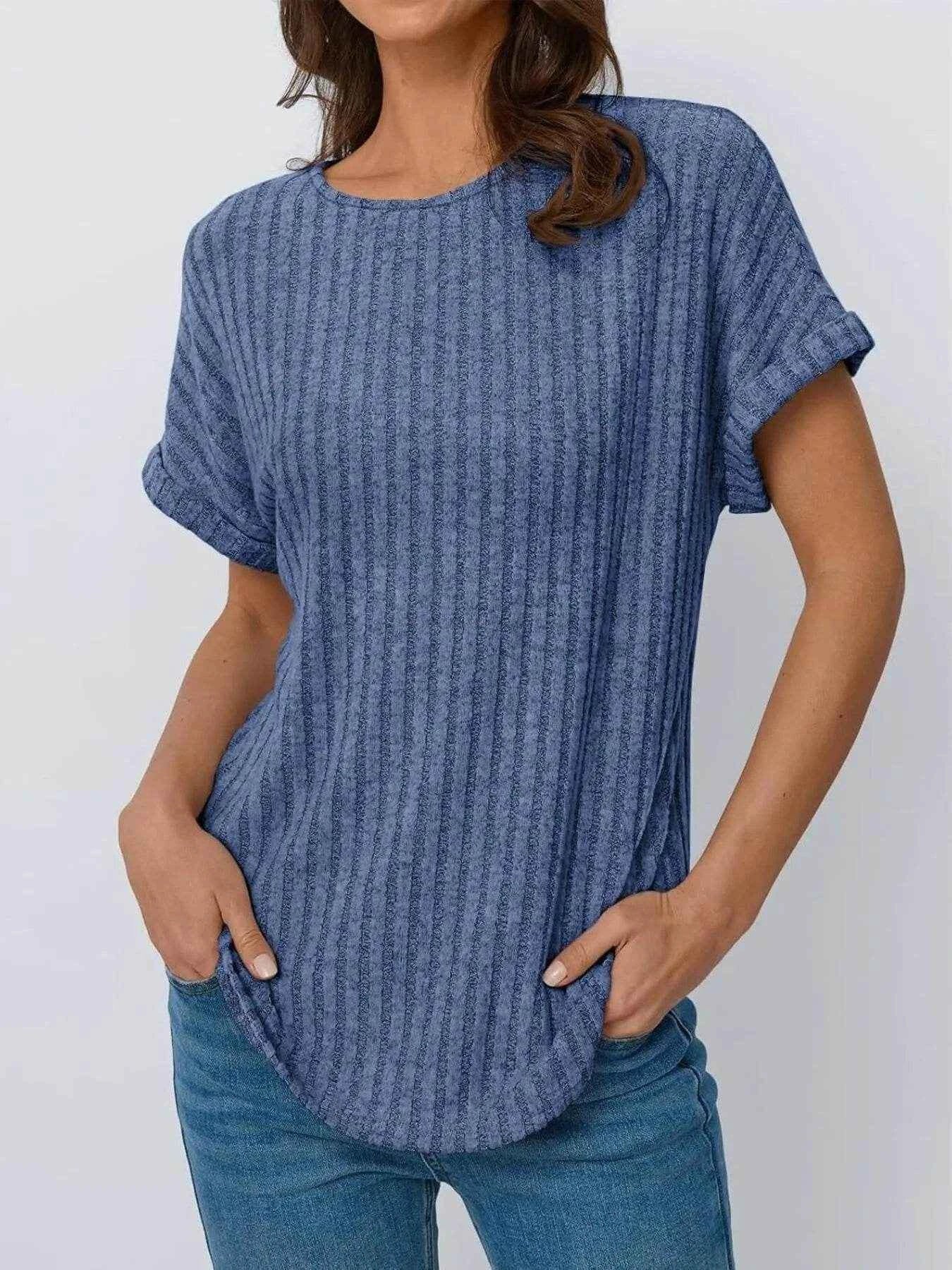 Casual Ribbed Knit Short Sleeve T-Shirt Blue Trendsi b617f9d226514f1aa7daf8b465e369c2-Max-Origin