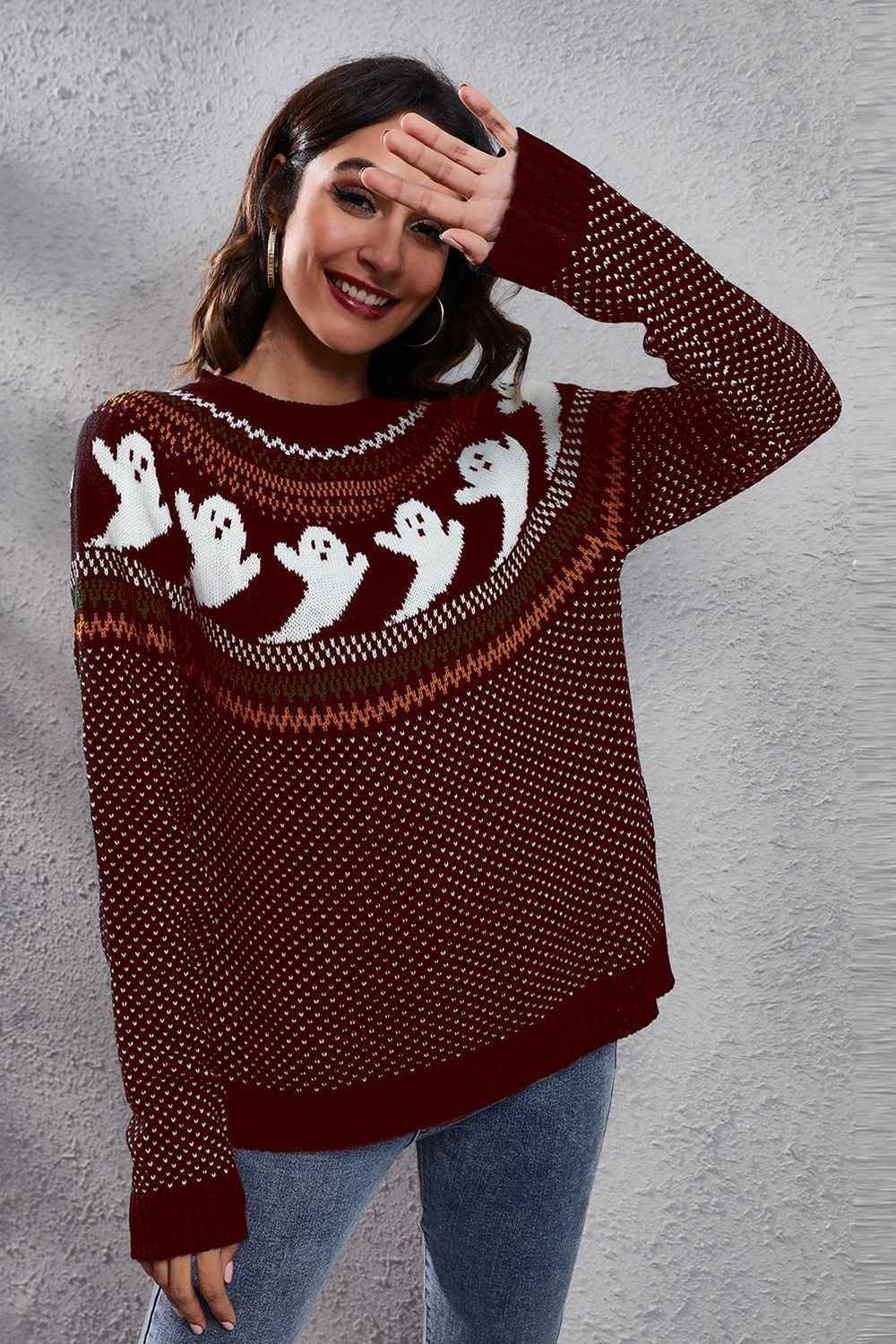 Ghost Pattern Round Neck Long Sleeve Sweater Wine Trendsi b6182a6dee3e440e969c2cf4ea317484-Max