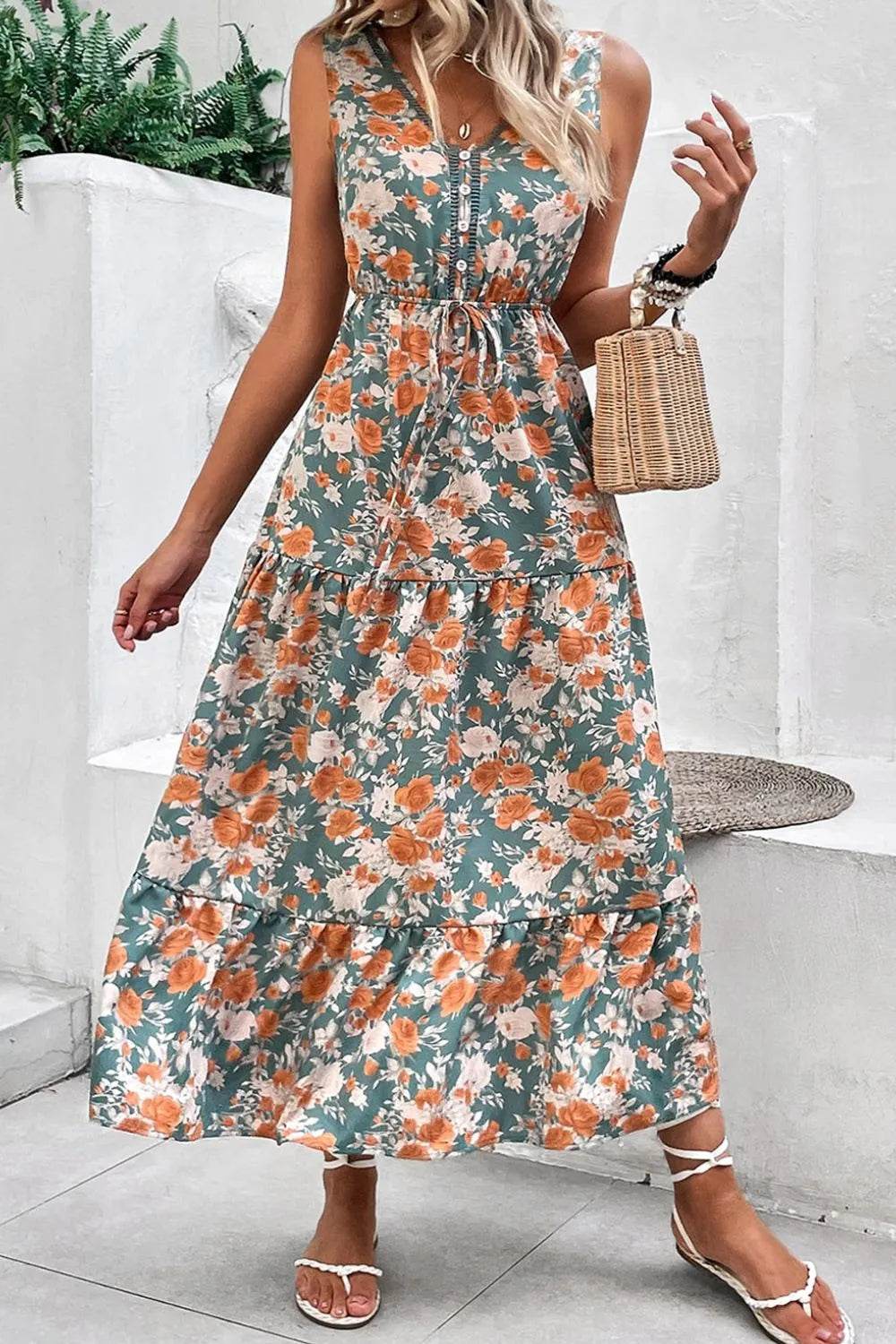 Floral Print Trimmed V Neck Tie Waist Sleeveless Dress Trendsi b62db2af-2206-41fe-9791-b66e27b8733f-Max-Origin