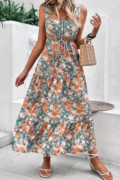Floral Print Trimmed V Neck Tie Waist Sleeveless Dress Trendsi b62db2af-2206-41fe-9791-b66e27b8733f-Max-Origin