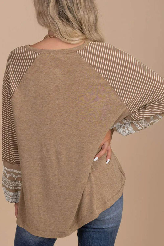 Striped Round Neck Long Sleeve Blouse Trendsi b639ff192d734f92b4f3391faf736791-Max