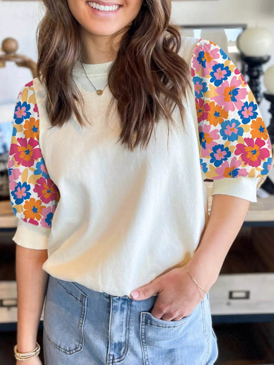 Floral Puff Sleeve Round Neck T-Shirt Beige Trendsi b63a24c9-d426-46d9-b198-3cdc71a0a65b-Max-Origin