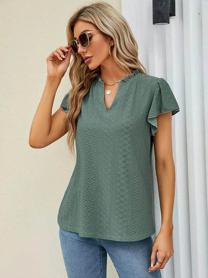 Eyelet Notched Short Sleeve T-Shirt Green Trendsi b642390b0c34485299bec56cf805e4f6-Max-Origin