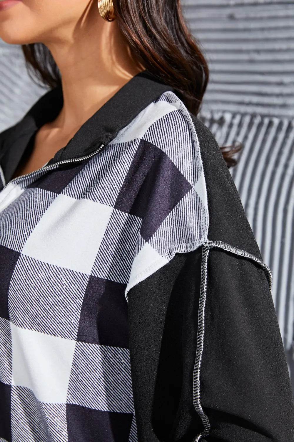 Plaid Exposed Seam Long Sleeve Blouse Trendsi b66d4680-5c18-42d6-9319-c00283d32d2d-Max