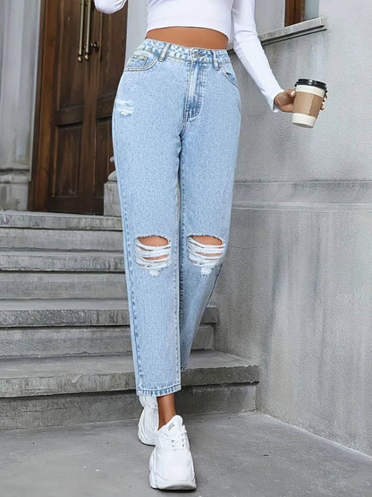 Distressed High Rise Jeans with Pockets Trendsi b6800540-4044-41dc-9f46-d9fd8b774029-Max
