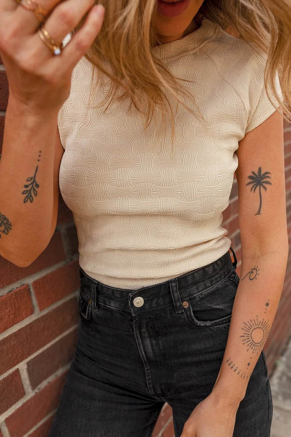 Textured Crew Neck Cap Sleeve Slim T Shirt Trendsi b68888fc-9d3e-4f99-a085-ee6959f5102d-Max-Origin