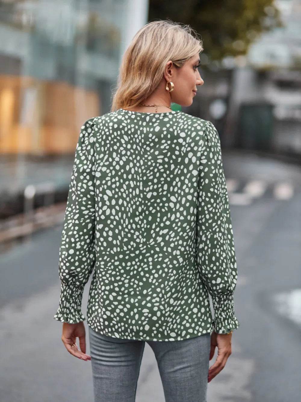 Printed V-Neck Lantern Sleeve Blouse Trendsi b68dfae5c6584b36b2740d7e684068a5-Max