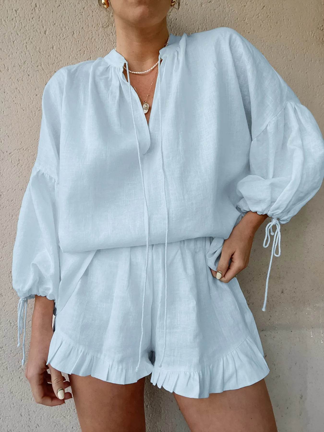 Tie Neck Balloon Sleeve Blouse and Shorts Set Light Blue Trendsi b6ba4c8bdd9f48e0aebf68520661e52c-Max-Origin