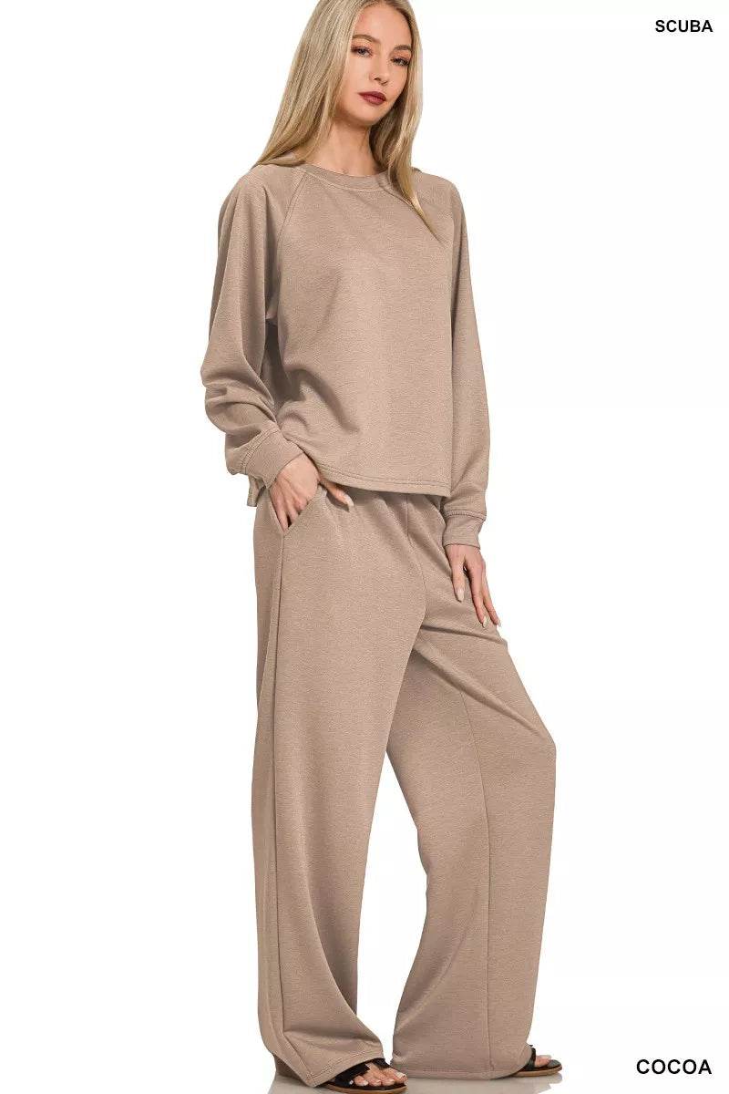 Zenana Scuba Crewneck Sweatshirt and Pants Set COCOA Trendsi b6e0262a02444ba1ad7eb2033e601121-Max-Origin