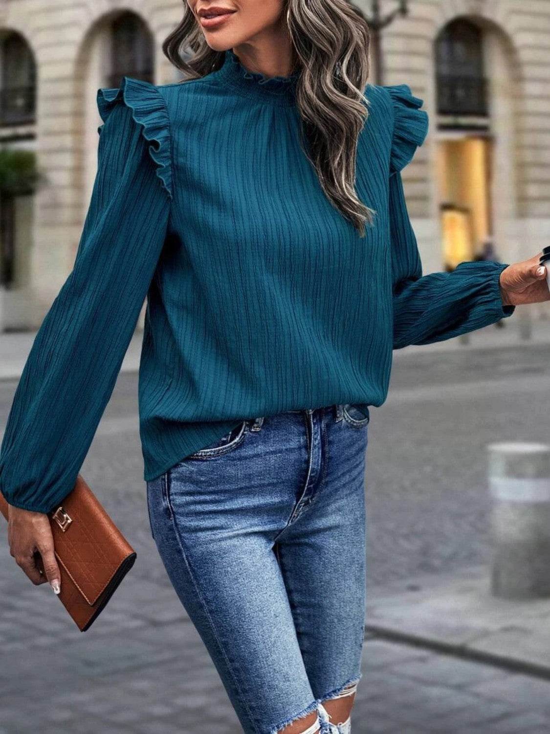 Mock Neck Ruffle Shoulder Blouse Trendsi b6f44f4b61f94b74b8331f334c203524-Max