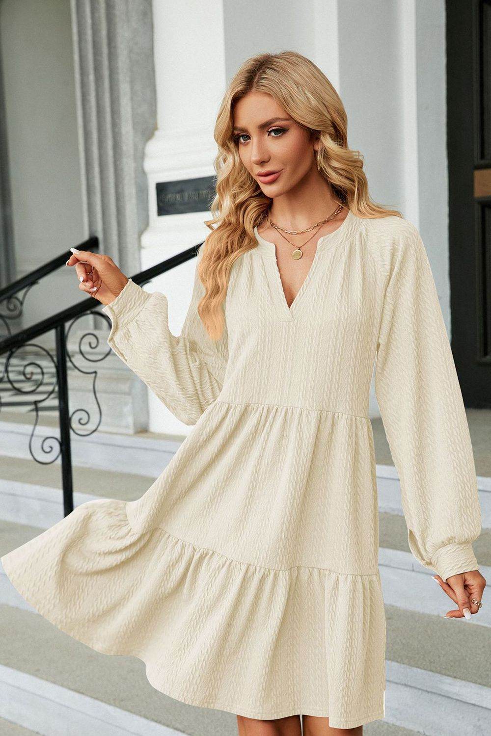 Notched Neck Long Sleeve Mini Dress Trendsi b702072e61a341d3a145969d3ef85815-Max