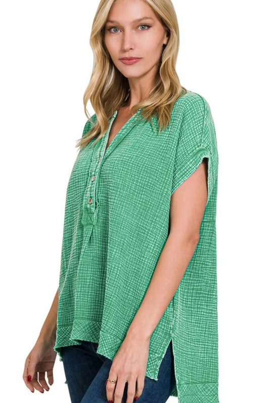 Zenana Washed Double Gauze 3/4 Button Henley Neck Shirt K GREEN Trendsi b705e391-c755-4479-9b96-610f1c6924e8-Max-Origin