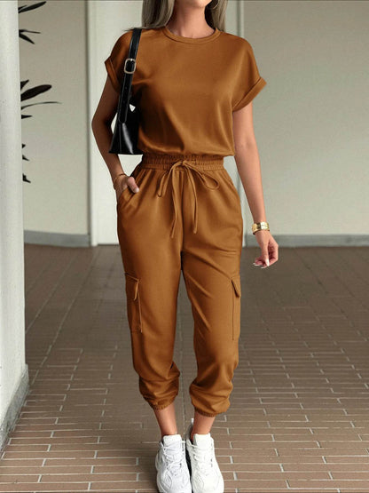 Round Neck Short Sleeve Top and Pants Set Brown Trendsi b71031ad57c2468297bdd534d16f8f33-Max-Origin