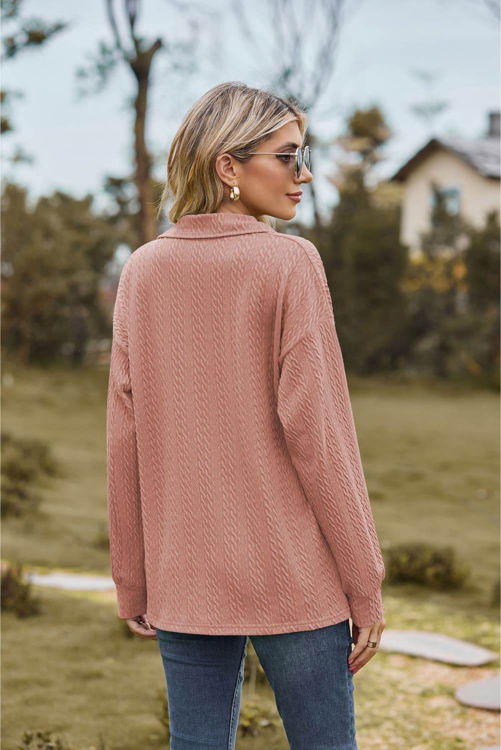 Collared Neck Cable-Knit Long Sleeve Blouse Trendsi b71d12a9f3604d0b9f4e326d11281c85-Max
