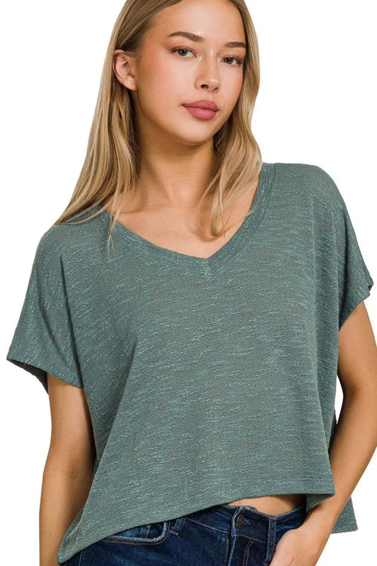 Zenana Hacci Slub V-neck Drop Shoulder Crop Top ASH JADE Trendsi b71fd916-3227-487e-8120-473a7aefe09f-Max-Origin