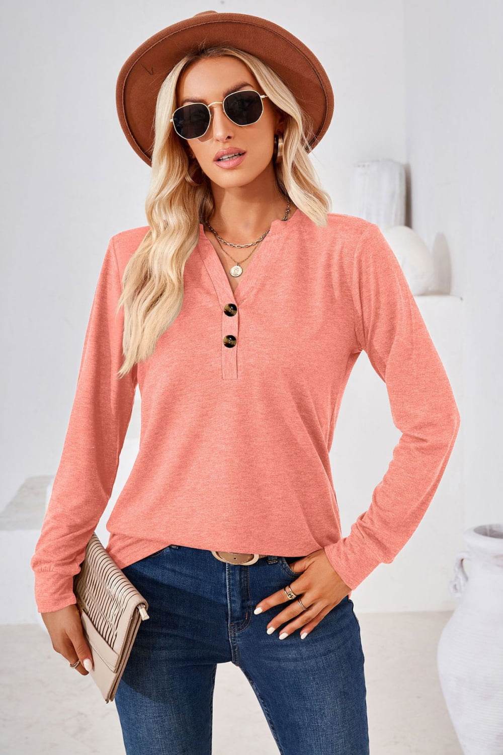 V-Neck Buttoned Long Sleeve Blouse Coral Trendsi b74a16dcbad2499582daae3d68e848e3-Max
