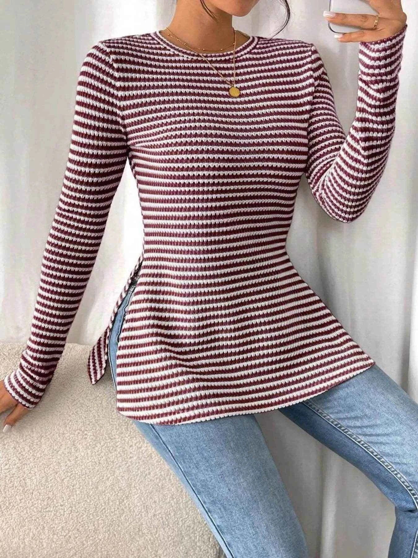 Side Slit Striped Long Sleeve T-Shirt Trendsi b78dc7a438834f8d956e17f2b8464f48-Max-Origin