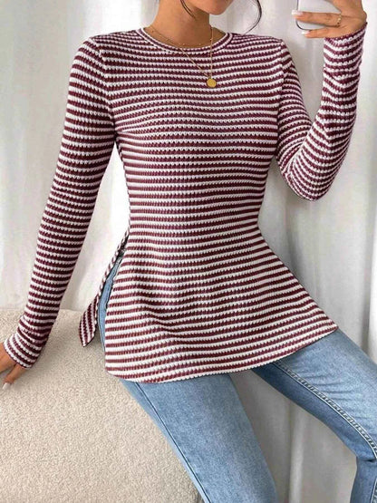 Side Slit Striped Long Sleeve T-Shirt Trendsi b78dc7a438834f8d956e17f2b8464f48-Max-Origin
