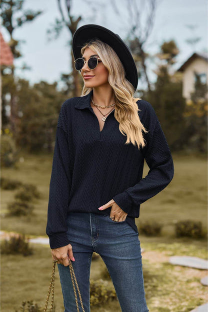 Collared Neck Cable-Knit Long Sleeve Blouse Trendsi b79cb47bb0c44f4fa768e404428801dc-Max