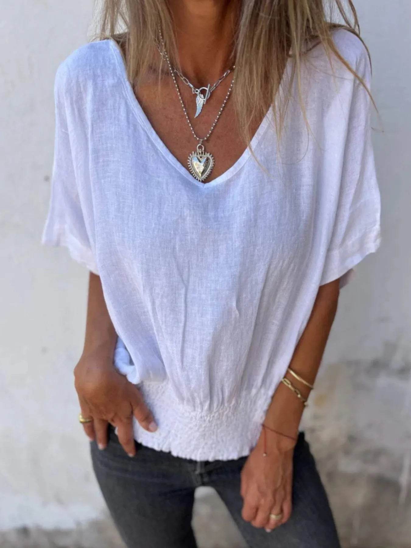 Full Size Smocked Hem V-Neck Relaxed Fit T-Shirt Plus Size White Trendsi b7add4e9-0dab-4a1a-8808-663ceb23eb00-Max-Origin