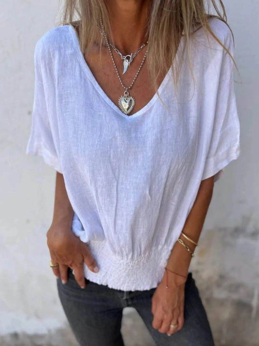 Full Size Smocked Hem V-Neck Relaxed Fit T-Shirt Plus Size White Trendsi b7add4e9-0dab-4a1a-8808-663ceb23eb00-Max-Origin