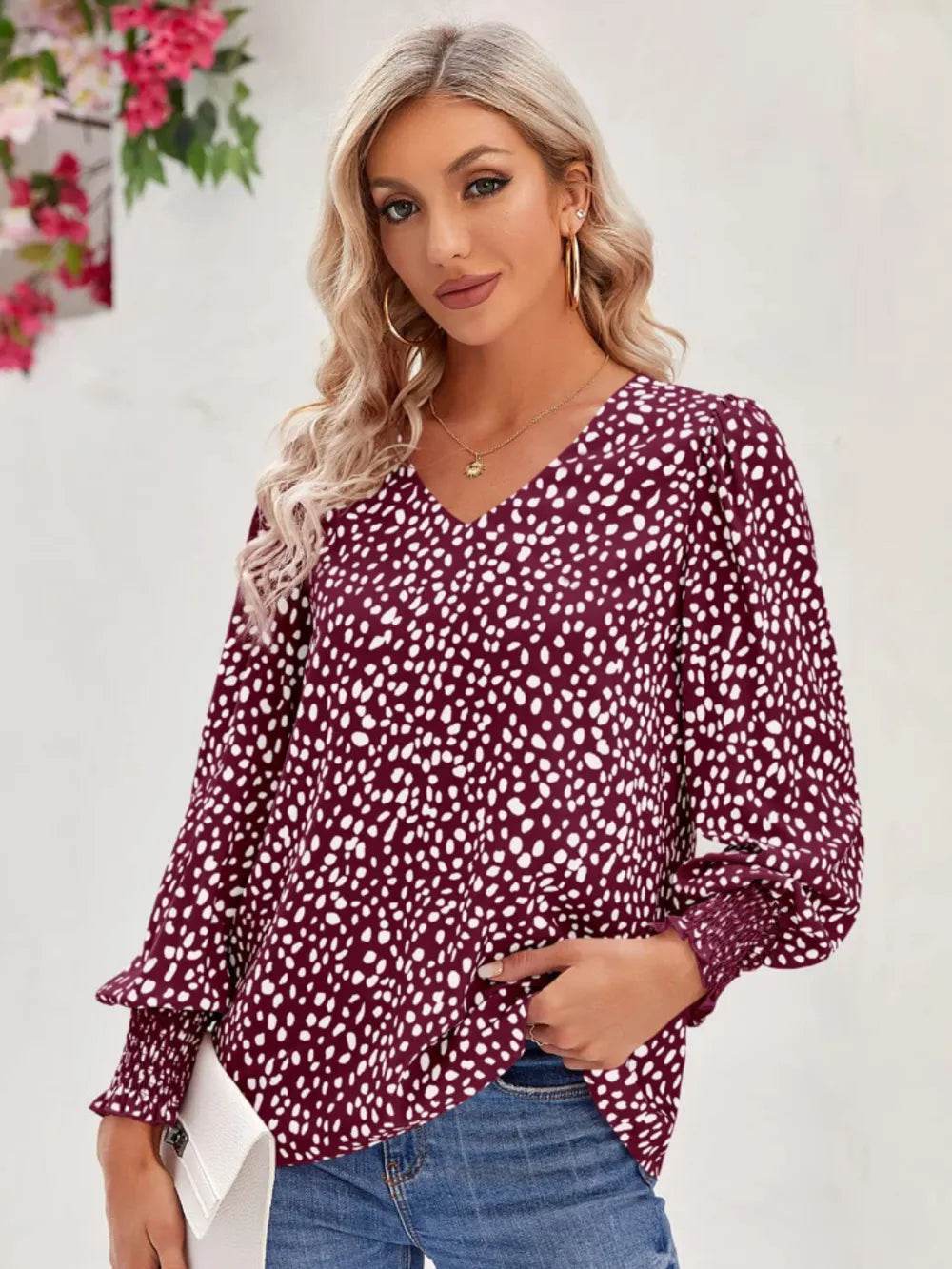 Printed V-Neck Lantern Sleeve Blouse Trendsi b7de12bdfc7c4c14999660f383c8ec7d-Max