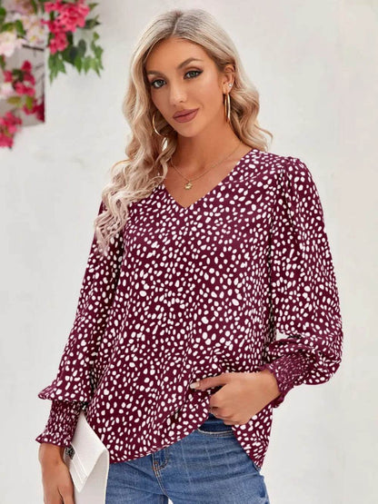 Printed V-Neck Lantern Sleeve Blouse Trendsi b7de12bdfc7c4c14999660f383c8ec7d-Max
