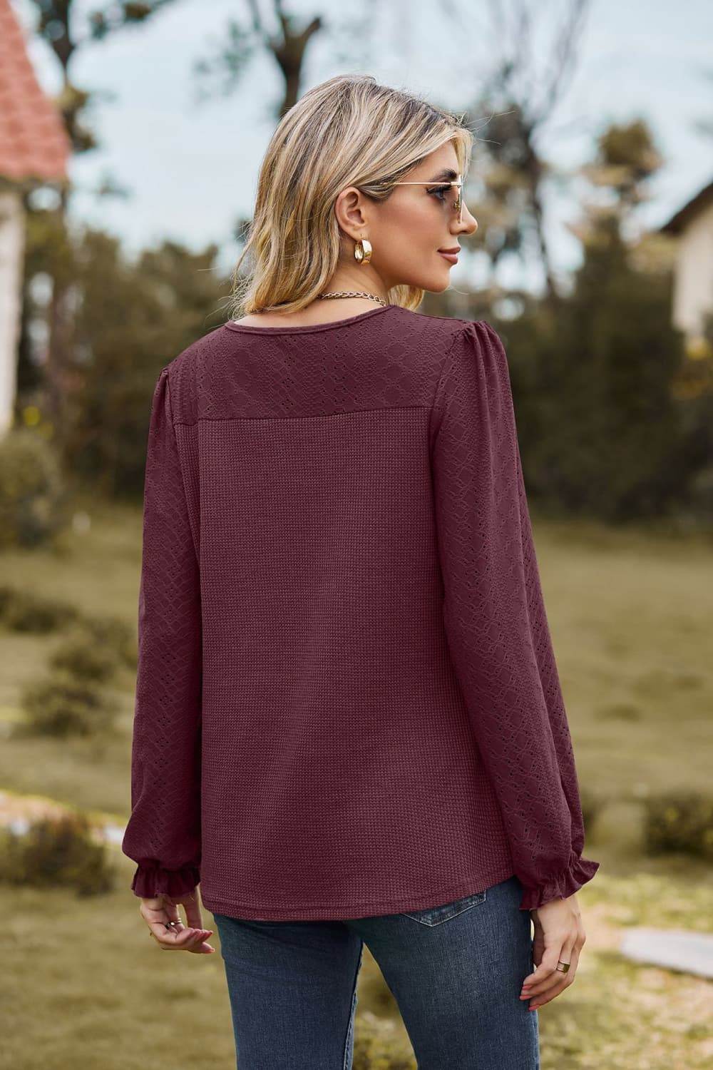 Round Neck Puff Sleeve Blouse Trendsi b7e29f81a3104faea9aea77fa72c1176-Max