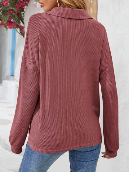 Half Button Collared Neck Long Sleeve Top Trendsi b7f23fdb258d40ef920533e790260be3-Max