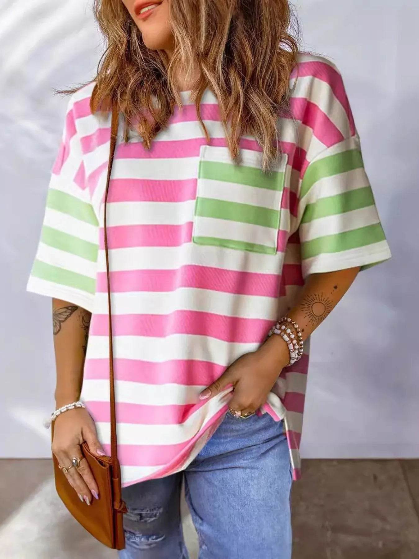 Striped Oversized Short Sleeve T-Shirt Pink Trendsi b827da4c-31d1-4fd7-83c6-c7ea5e63d352-Max-Origin