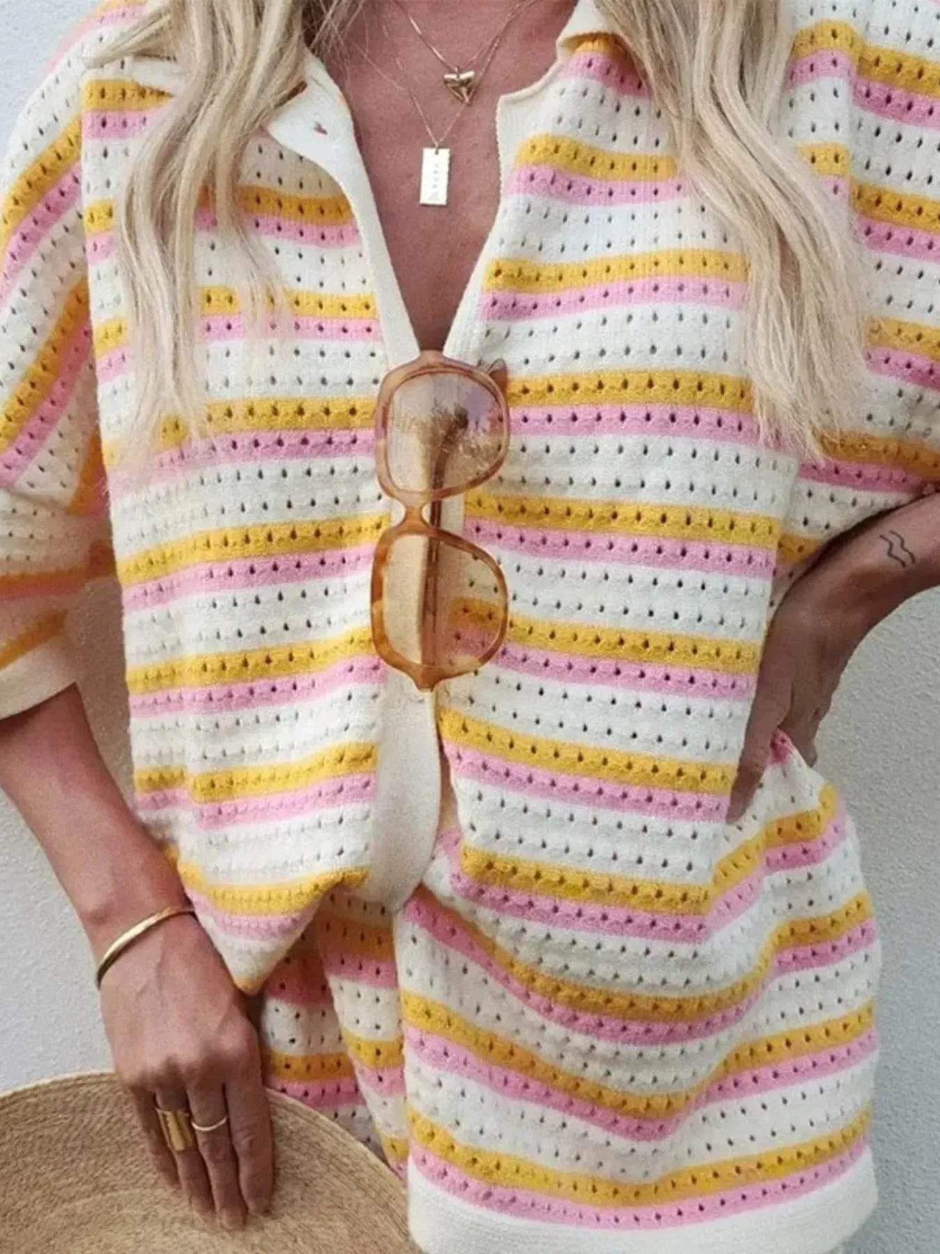 Striped Eyelet Button Up Shirt and Shorts Set Trendsi b83bab62df394a7caa69841c7da89b6f-Max-Origin