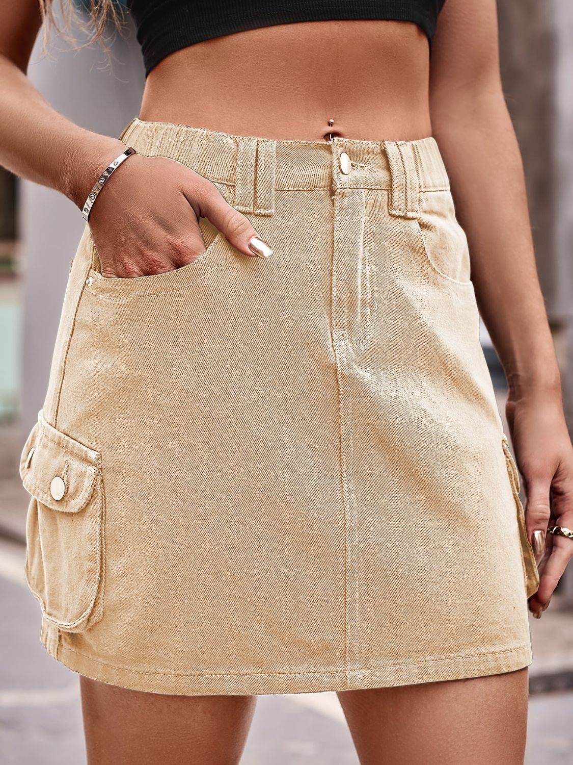 Denim Mini Skirt with Pockets Khaki Trendsi b856768bed1e4464acfcb4edaf067929-Max