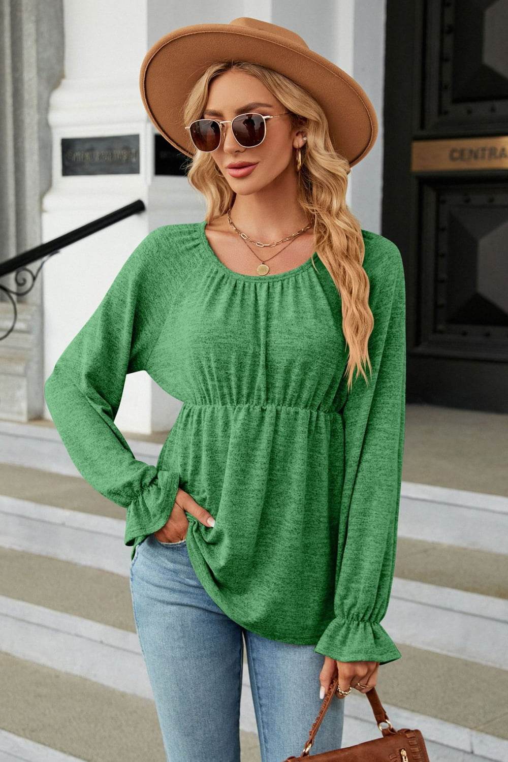 Round Neck Flounce Sleeve Blouse Green Trendsi b86b185140214304b1b56d6fa5ad342c-Max