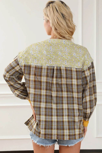Plaid Notched Neck Slit Blouse Trendsi b895f1ee8a504578a53ea9729ebd1750-Max