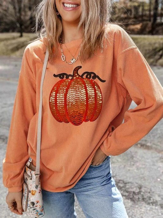 Halloween Sequined Pumpkin Ribbed Round Neck Sweatshirt Trendsi b8a76dc4-9da4-4696-ae15-7d9bf66e7d66-Max-Origin
