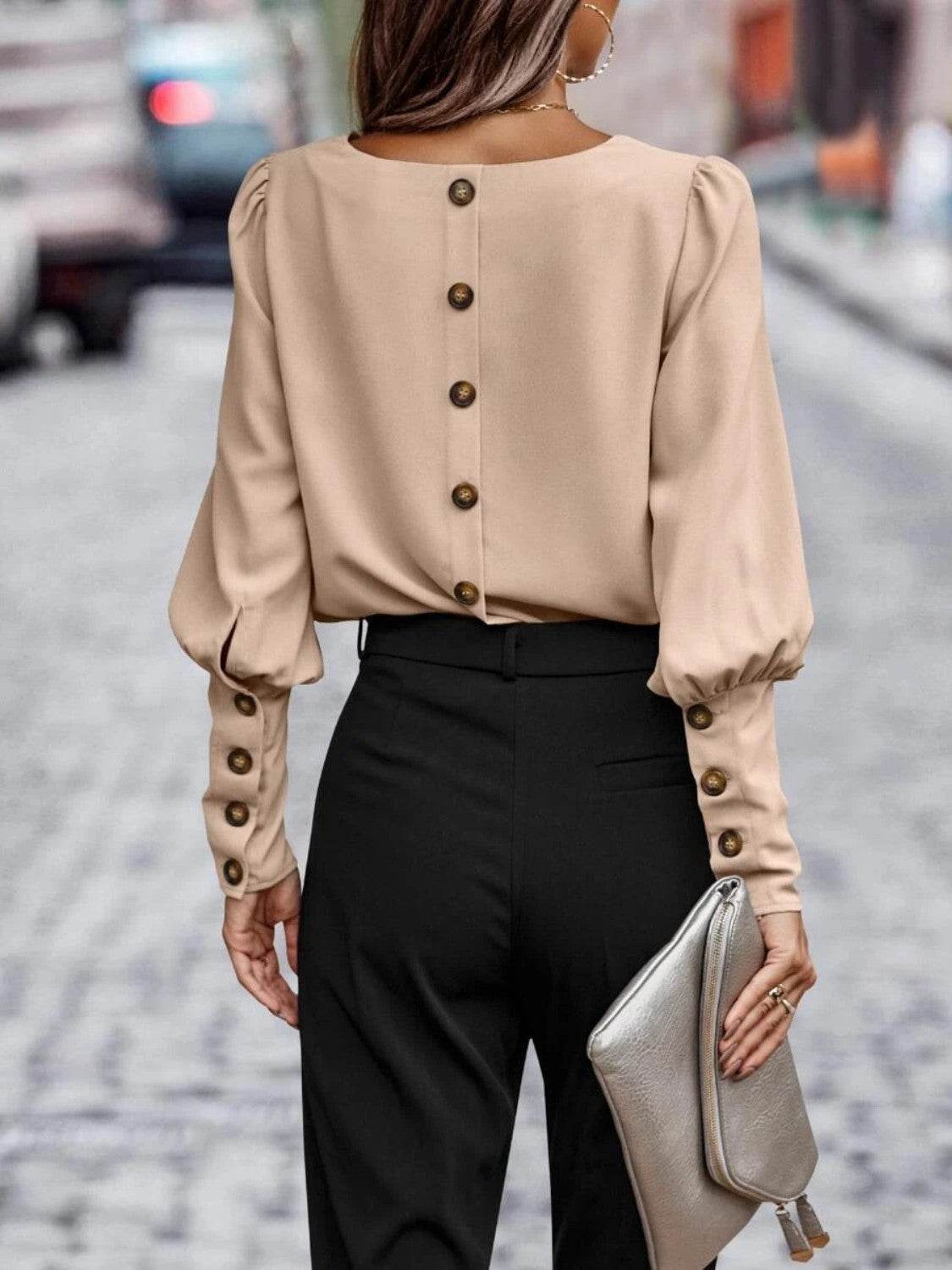 Round Neck Lantern Sleeve Blouse Trendsi b8aec45e9b9d476fa1a236181886108d-Max