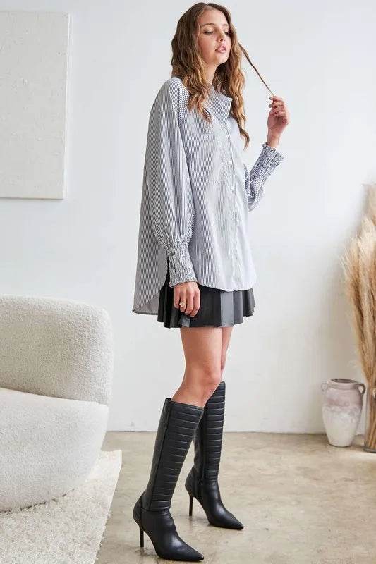ADORA High-Low Striped Button Down Smocked Lantern Sleeve Shirt Trendsi b8bca747-c6cc-4f94-b68d-d47b53143bdf-Max
