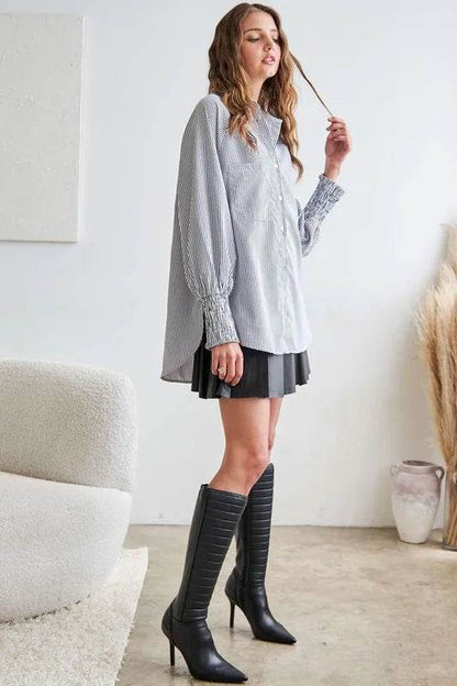 ADORA High-Low Striped Button Down Smocked Lantern Sleeve Shirt Trendsi b8bca747-c6cc-4f94-b68d-d47b53143bdf-Max