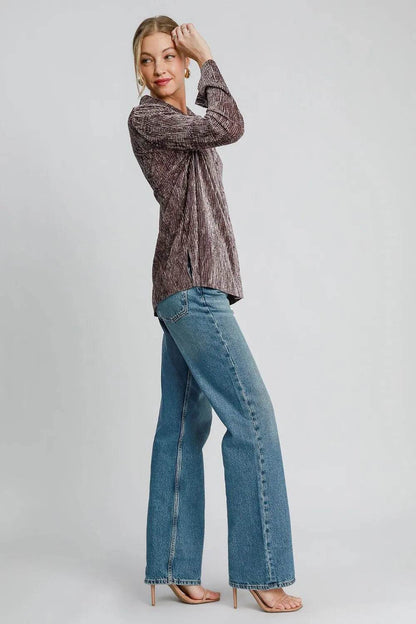 Umgee Side Slit Texture Button Up Shirt Trendsi b8cbe351-efb9-4626-af80-b1b677c90d61-Max