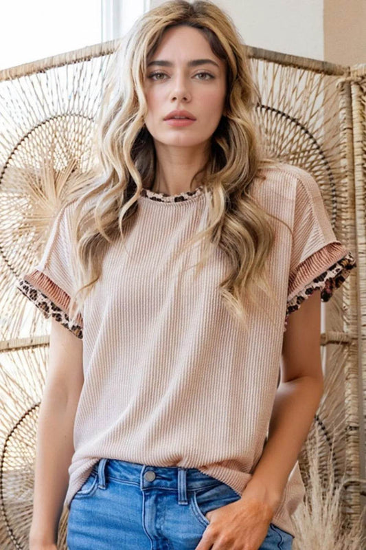 Leopard Trim Round Neck Ribbed T-Shirt Beige Trendsi b8e556c5-0031-4287-886e-fe1a5a37f9cb-Max-Origin