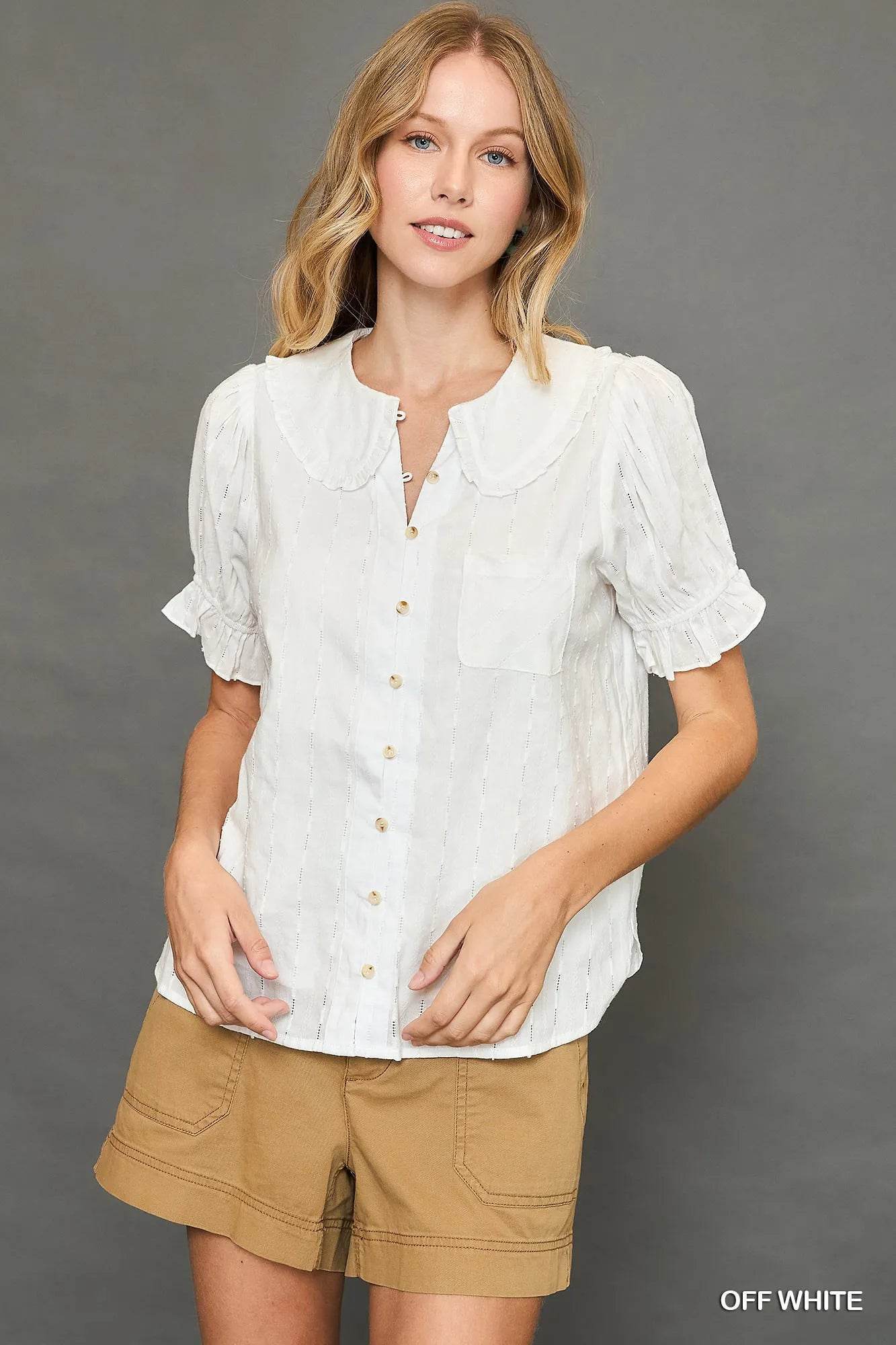 Umgee Peter Pan Collared Button Down Textured Shirt with Ruffled Detail OFF WHITE Trendsi b91a3633-b7d4-49f9-b8b8-954ea9810cf7-Max-Origin