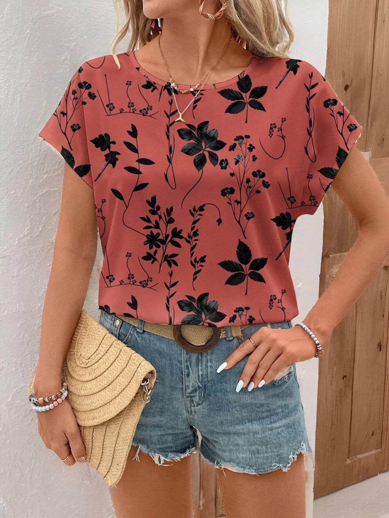 Printed Round Neck Short Sleeve Blouse Red Trendsi b9467a53986948da9148b3562d56f635-Max-Origin