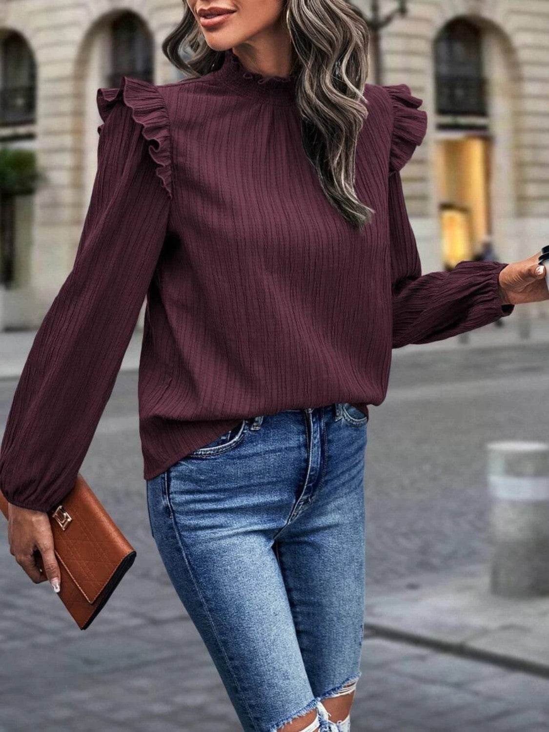 Mock Neck Ruffle Shoulder Blouse Trendsi b95b9757bca54a9a9998de51c49d626c-Max