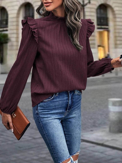 Mock Neck Ruffle Shoulder Blouse Trendsi b95b9757bca54a9a9998de51c49d626c-Max
