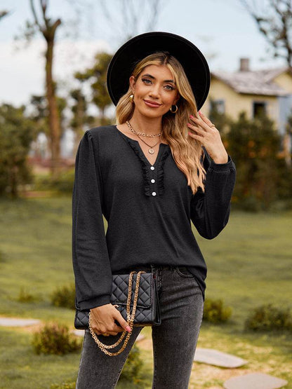 Puff Sleeve Ruffle Trim Blouse Black Trendsi b96598c2c70a4422bb3a686514c835b2-Max