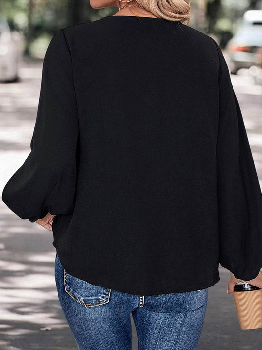 Perfee Contrast V-Neck Long Sleeve Blouse Trendsi b969af8427c342a8abc2b129c82debb2-Max