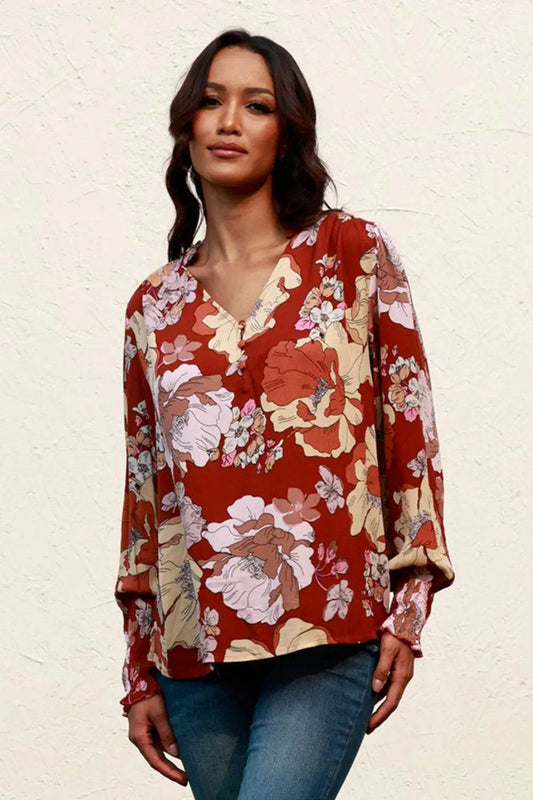 Floral V-Neck Smocked Lantern Sleeve Blouse Brown Trendsi b96acf647af74a7586eae30cc5d8aa9b-Max