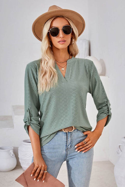 V-Neck Roll-Tap Sleeve Blouse Trendsi b99ee3fca00c4823b9bcd662cc8338c7-Max
