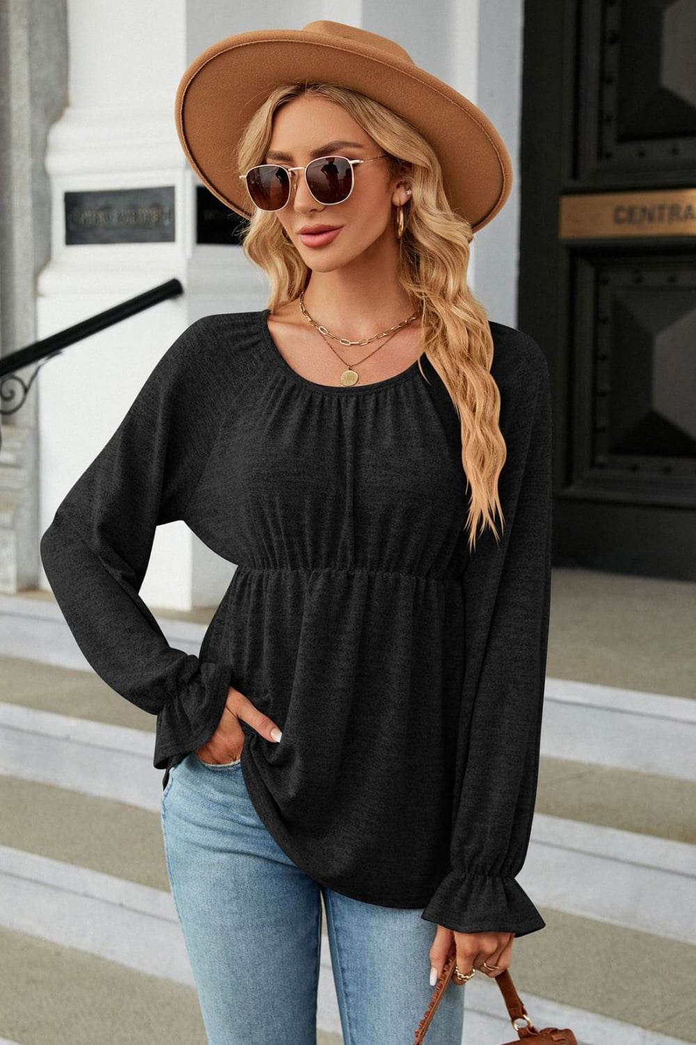 Round Neck Flounce Sleeve Blouse Black Trendsi b9c5fabb144f4244aa22b2c0598187a8-Max